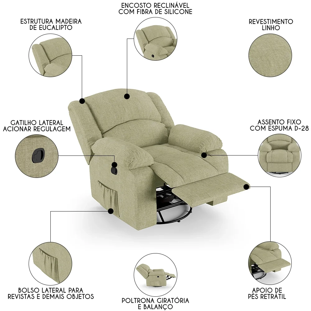 Poltrona do Papai Reclinável Pietra Glider Giratória FH9 Linho Bege - Mpozenato
