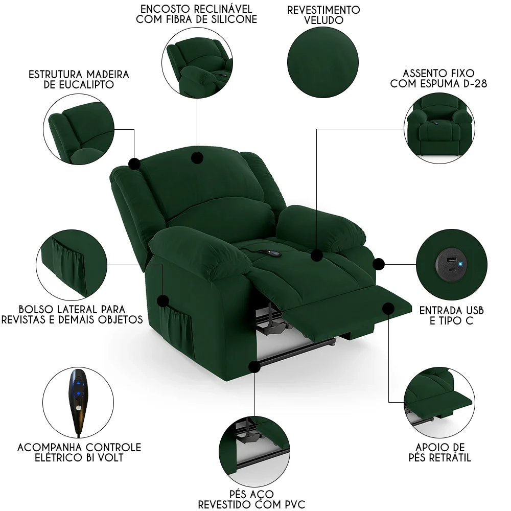 Poltrona do Papai Reclinável Pietra Controle Power Elétrico USB FH9 Veludo Verde - Mpozenato