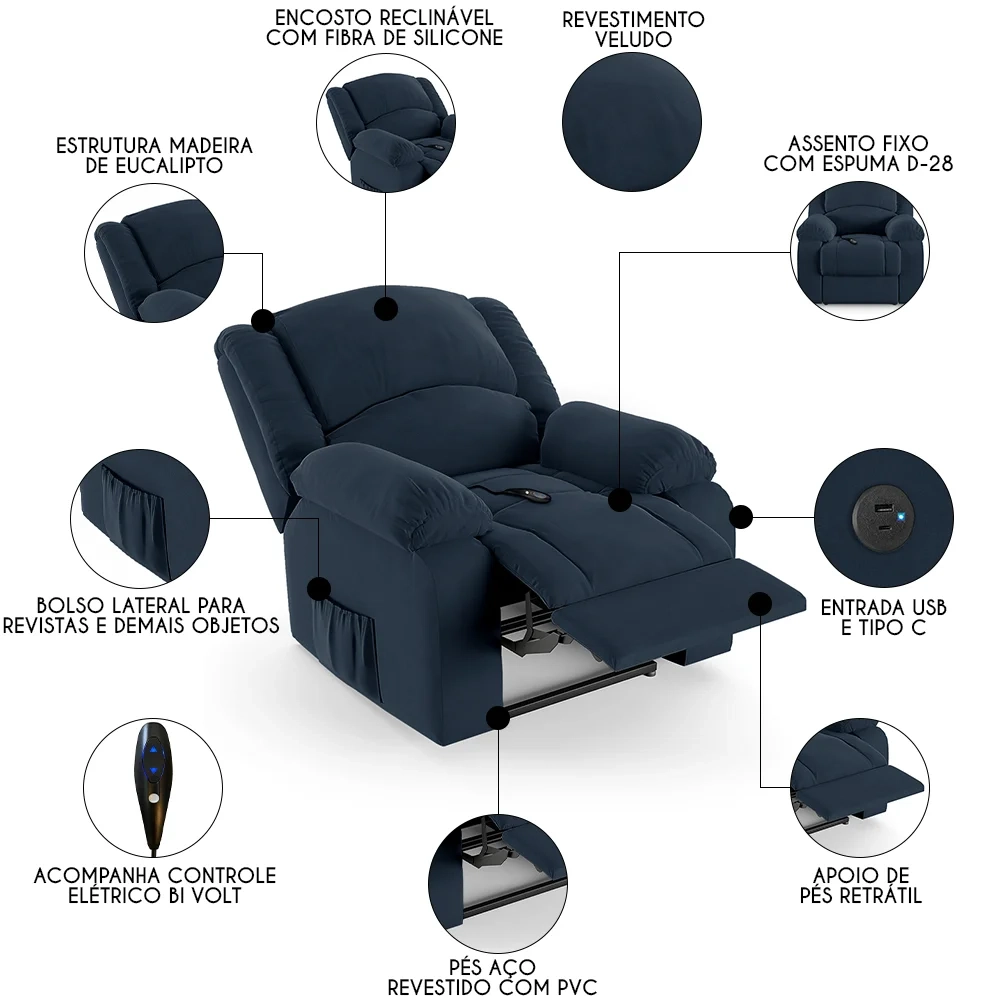 Poltrona do Papai Reclinável Pietra Controle Power Elétrico USB FH9 Veludo Azul - Mpozenato