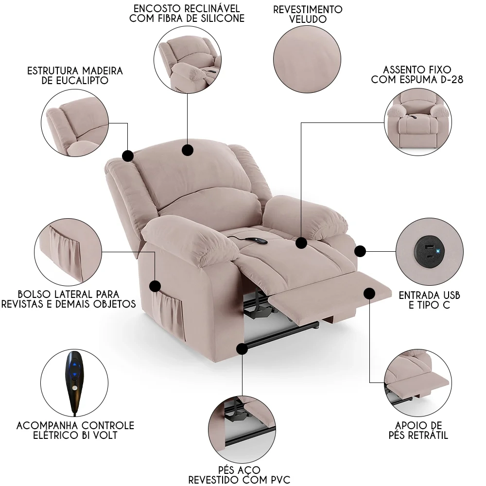 Poltrona do Papai Reclinável Pietra Controle Power Elétrico USB FH9 Veludo Rosê - Mpozenato