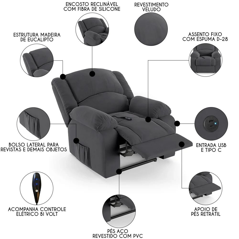 Poltrona do Papai Reclinável Pietra Controle Power Elétrico USB FH9 Veludo Cinza - Mpozenato