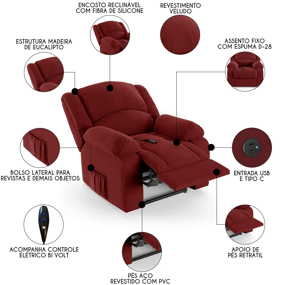 Poltrona do Papai Reclinável Pietra Controle Power Elétrico USB FH9 Veludo Vermelho - Mpozenato