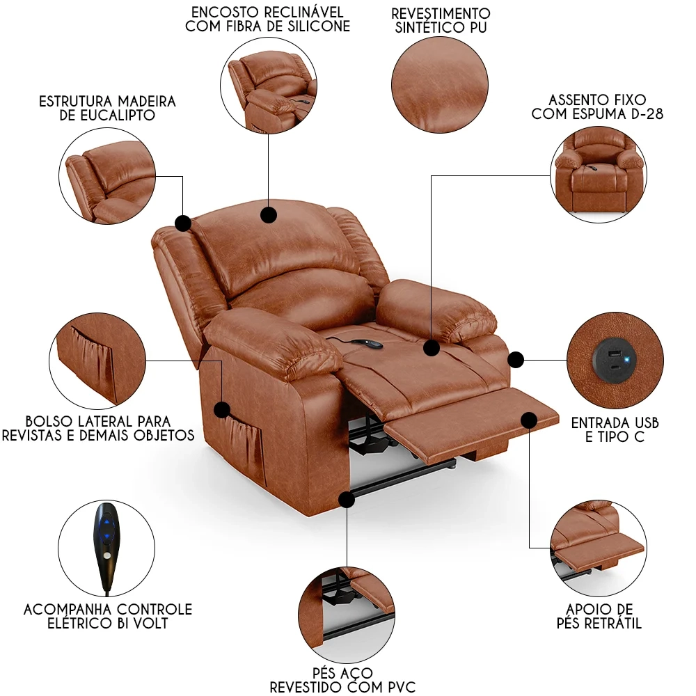 Poltrona do Papai Reclinável Pietra Controle Power Elétrico USB FH9 PU Caramelo Brilho - Mpozenato