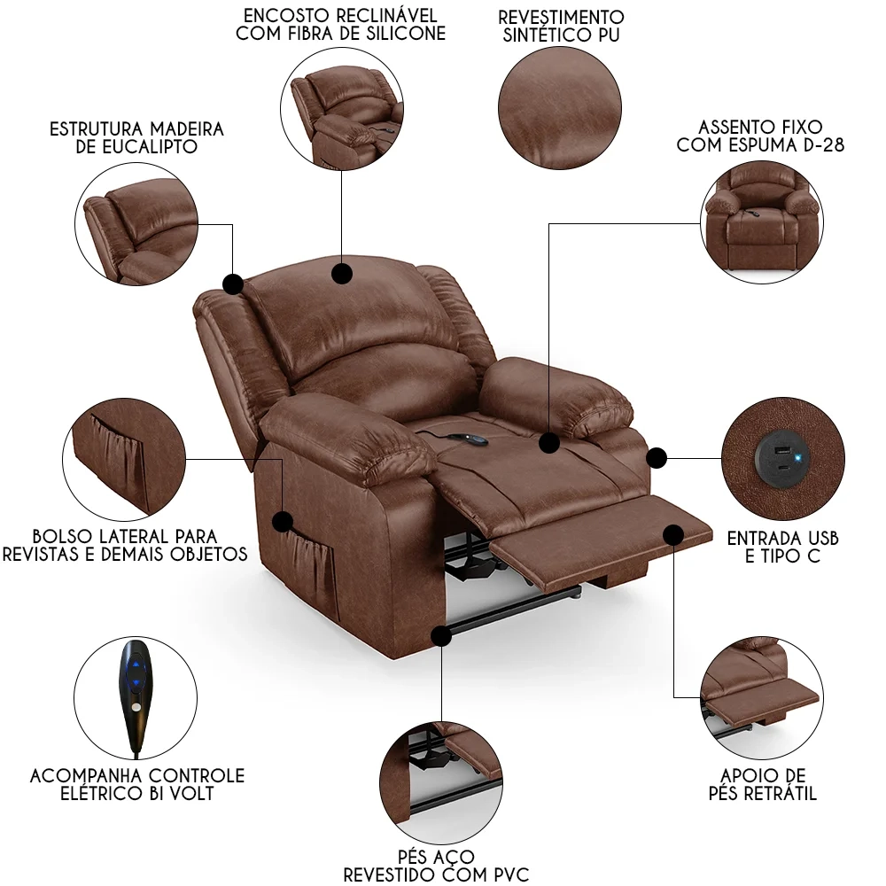 Poltrona do Papai Reclinável Pietra Controle Power Elétrico USB FH9 PU Marrom Brilho - Mpozenato