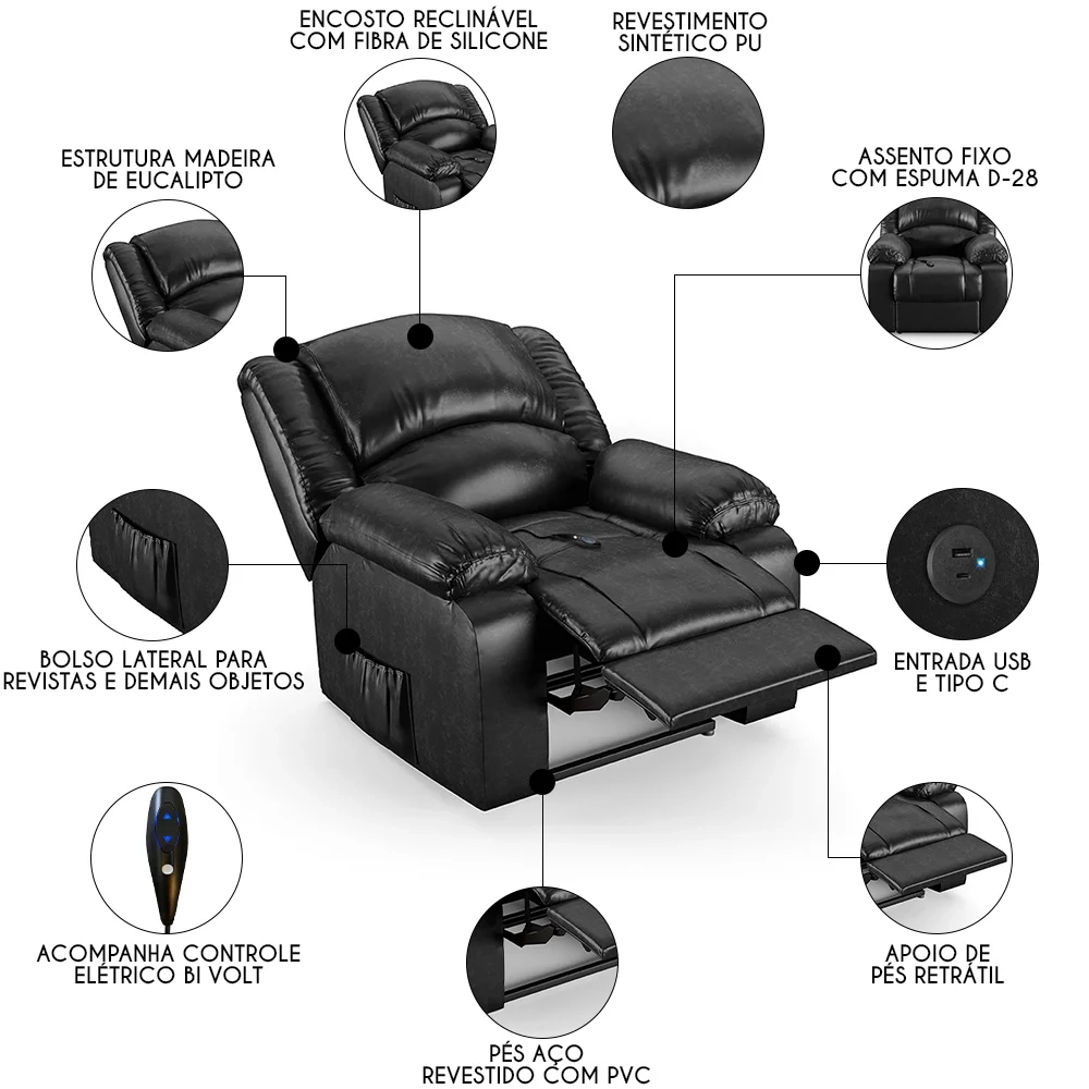 Poltrona do Papai Reclinável Pietra Controle Power Elétrico USB FH9 PU Preto Brilho - Mpozenato