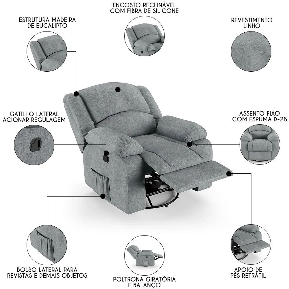 Poltrona do Papai Reclinável Pietra Glider Giratória FH9 Linho Cinza - Mpozenato