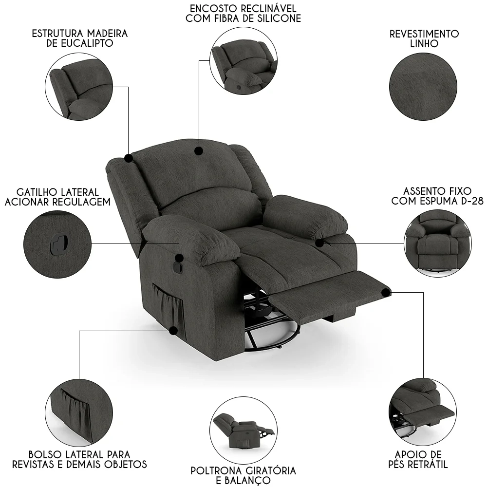 Poltrona do Papai Reclinável Pietra Glider Giratória FH9 Linho Grafite - Mpozenato