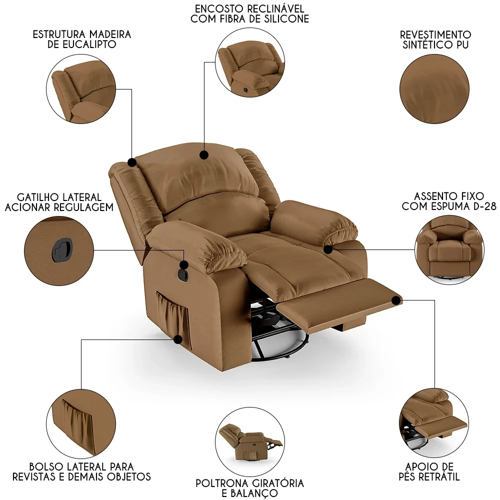 Poltrona do Papai Reclinável Pietra Glider Giratória FH9 PU Caramelo - Mpozenato