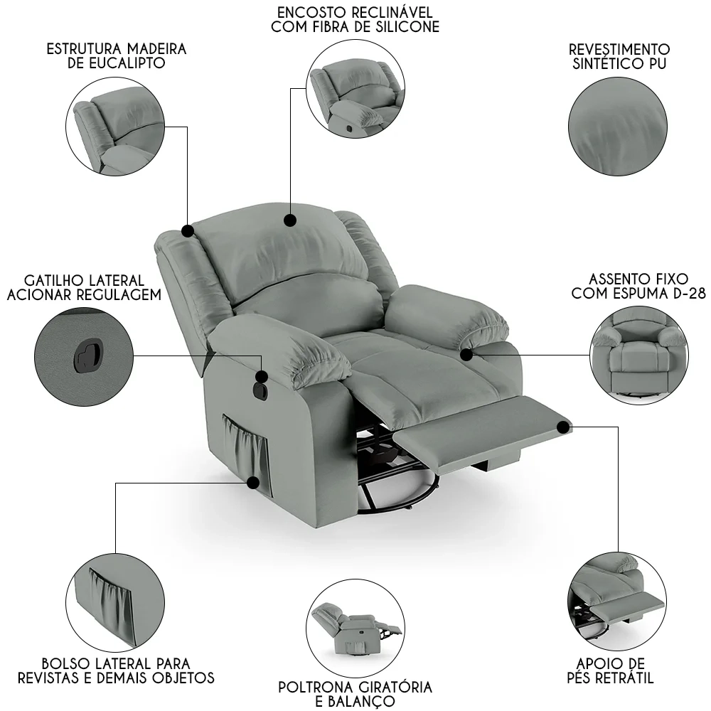 Poltrona do Papai Reclinável Pietra Glider Giratória FH9 PU Cinza - Mpozenato