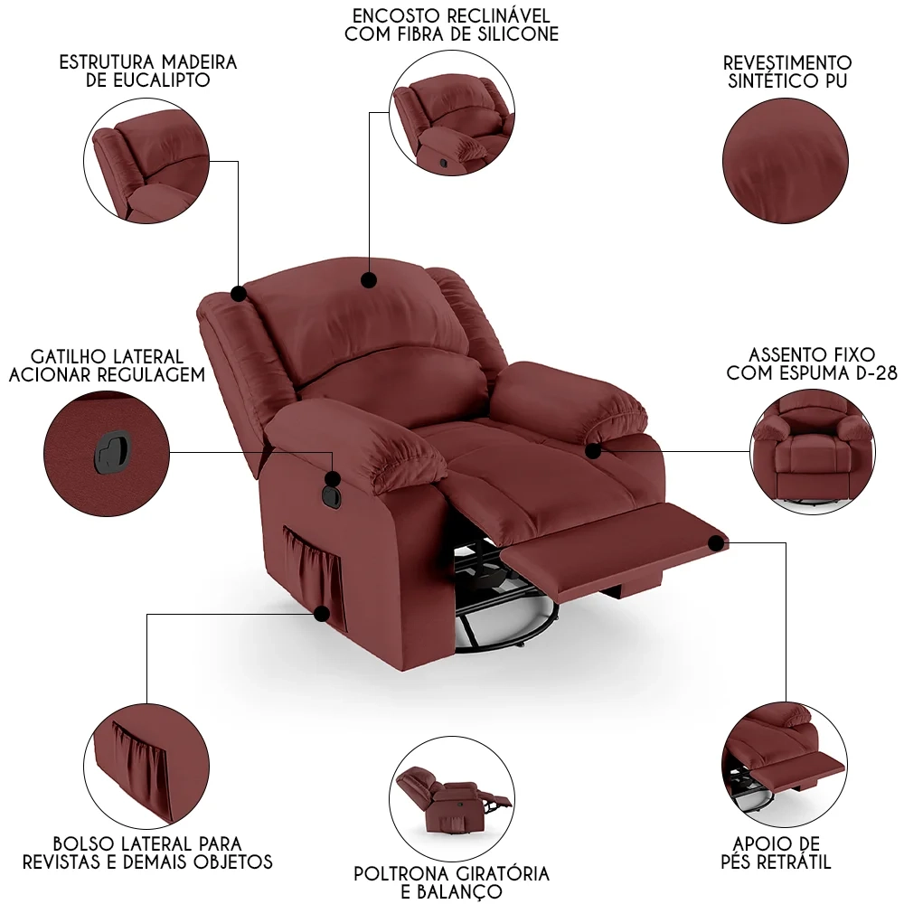 Poltrona do Papai Reclinável Pietra Glider Giratória FH9 PU Vermelho - Mpozenato