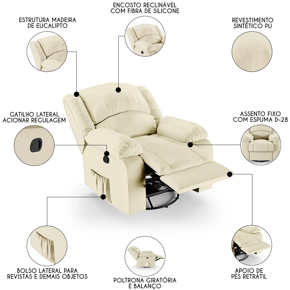 Poltrona do Papai Reclinável Pietra Glider Giratória FH9 PU Bege - Mpozenato
