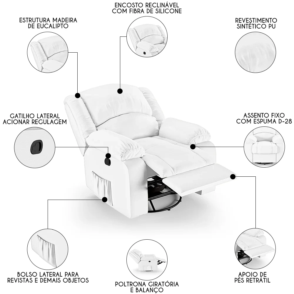 Poltrona do Papai Reclinável Pietra Glider Giratória FH9 PU Branco - Mpozenato