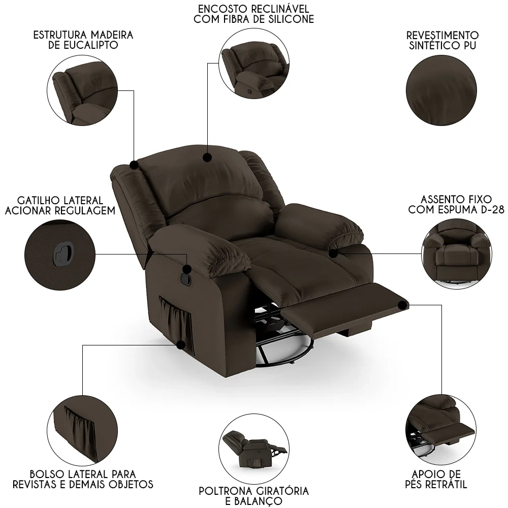 Poltrona do Papai Reclinável Pietra Glider Giratória FH9 PU Marrom - Mpozenato