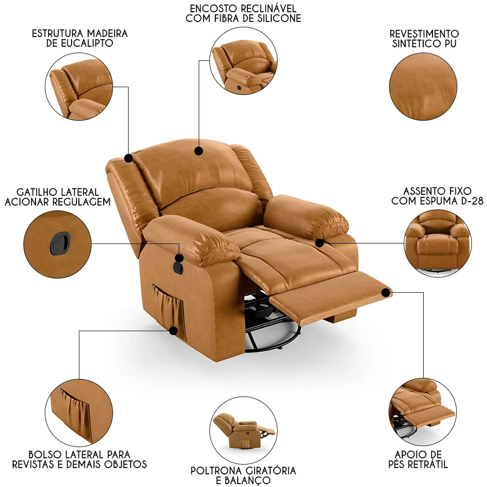 Poltrona do Papai Reclinável Pietra Glider Giratória FH9 PU Whisky - Mpozenato