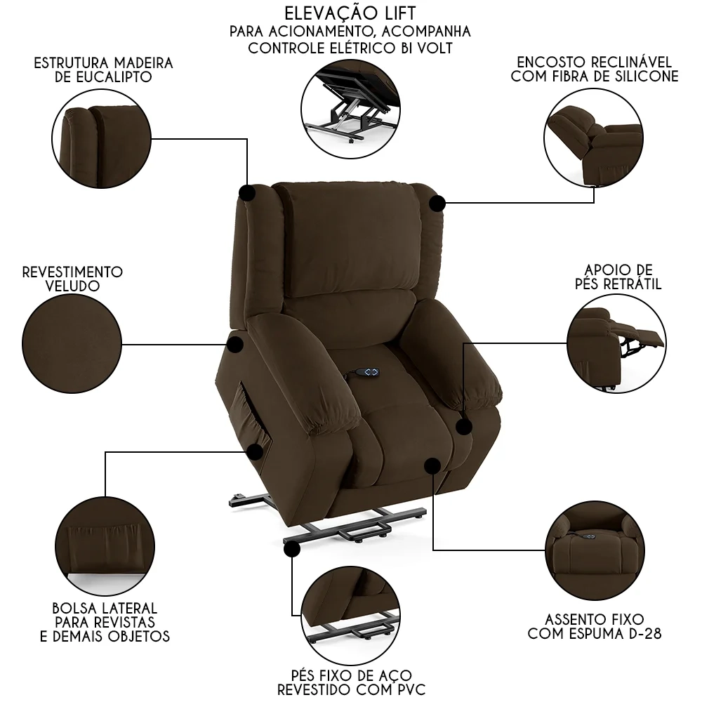 Poltrona do Papai Reclinável Pietra Elevação Lift Elétrico FH9 Veludo Marrom - Mpozenato