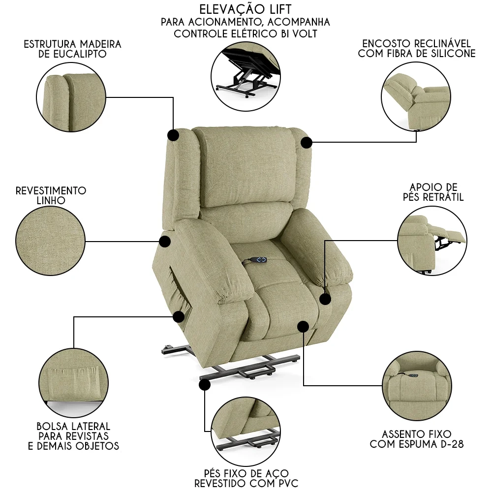 Poltrona do Papai Reclinável Pietra Elevação Lift Elétrico FH9 Linho Bege - Mpozenato