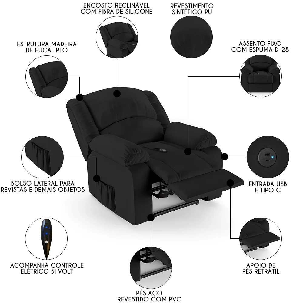 Poltrona do Papai Reclinável Pietra Controle Power Elétrico USB FH9 PU Preto - Mpozenato