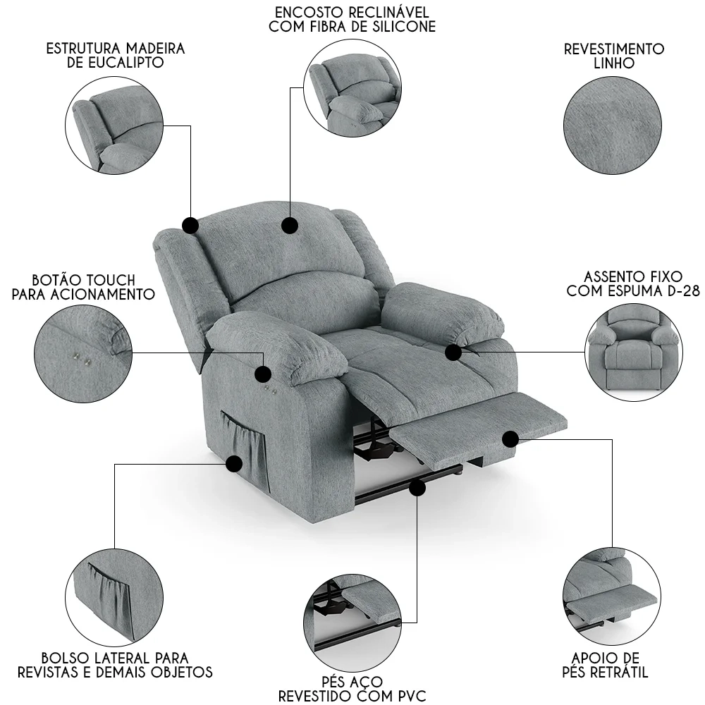 Poltrona do Papai Reclinável Pietra Power Touch FH9 Linho Cinza - Mpozenato