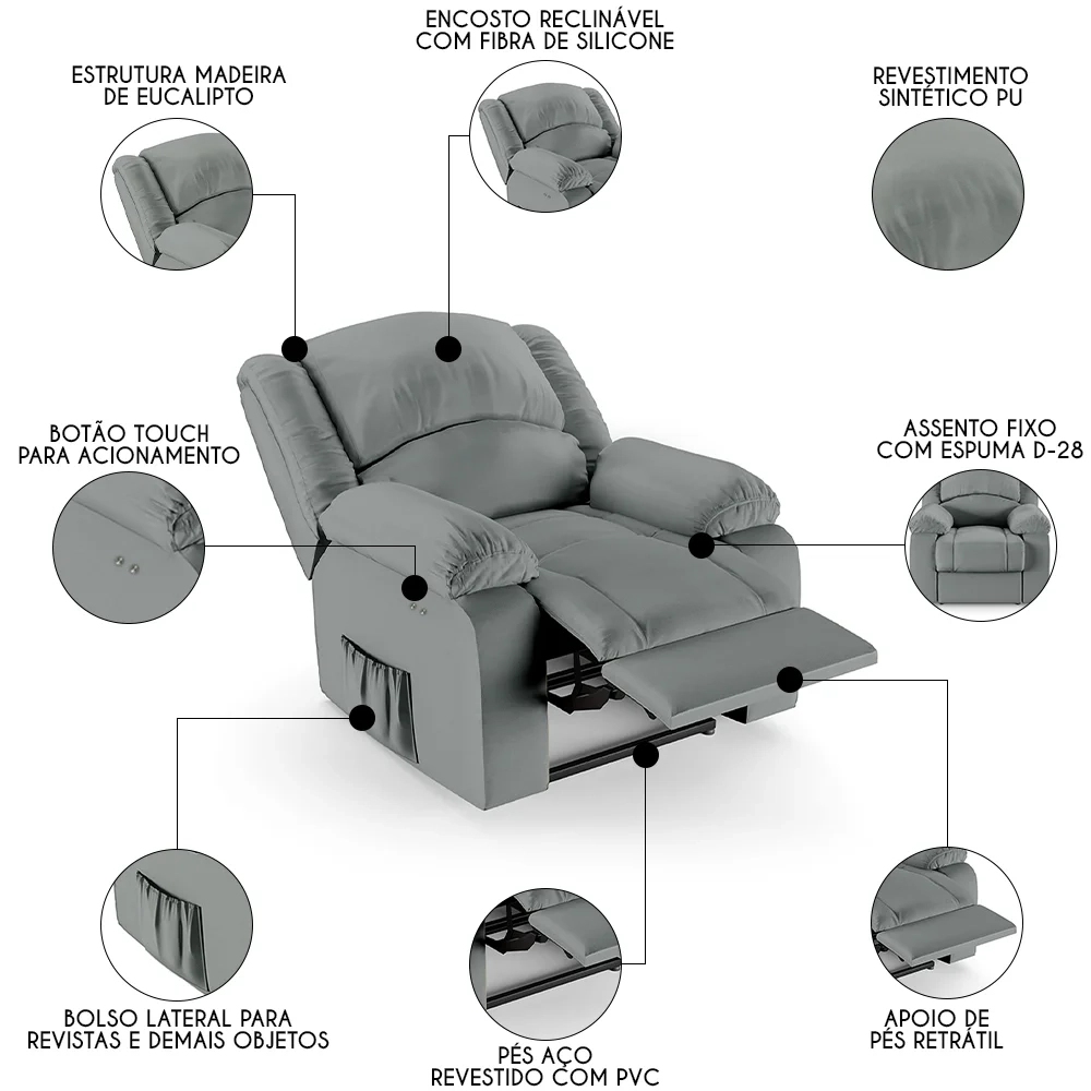 Poltrona do Papai Reclinável Pietra Power Touch FH9 PU Cinza - Mpozenato