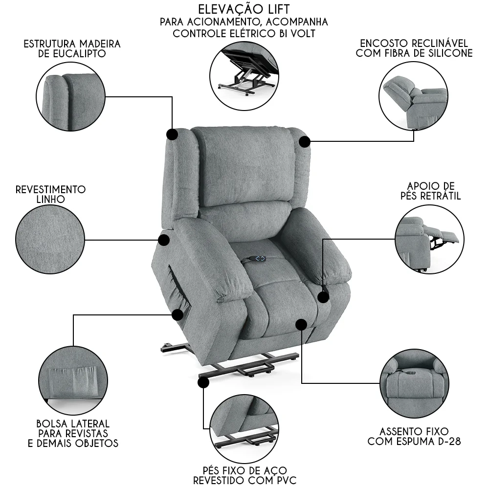 Poltrona do Papai Reclinável Pietra Elevação Lift Elétrico FH9 Linho Cinza - Mpozenato