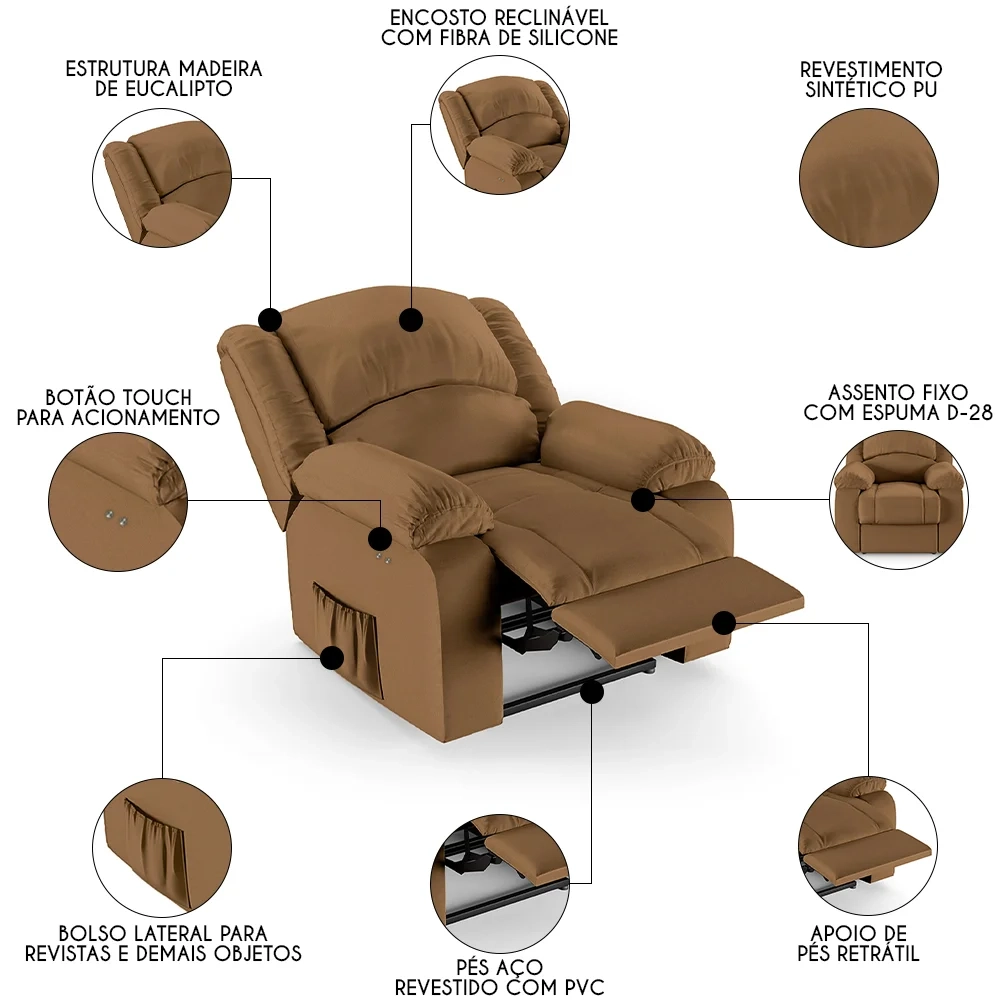 Poltrona do Papai Reclinável Pietra Power Touch FH9 PU Caramelo - Mpozenato