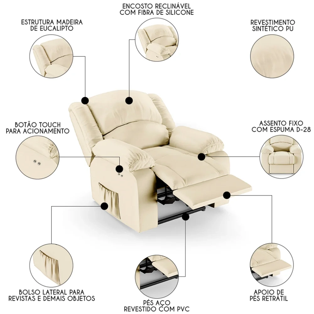 Poltrona do Papai Reclinável Pietra Power Touch FH9 PU Bege - Mpozenato