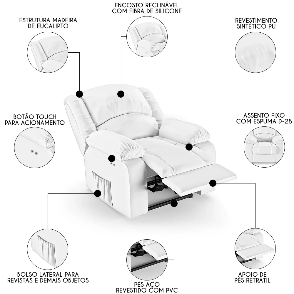 Poltrona do Papai Reclinável Pietra Power Touch FH9 PU Branco - Mpozenato