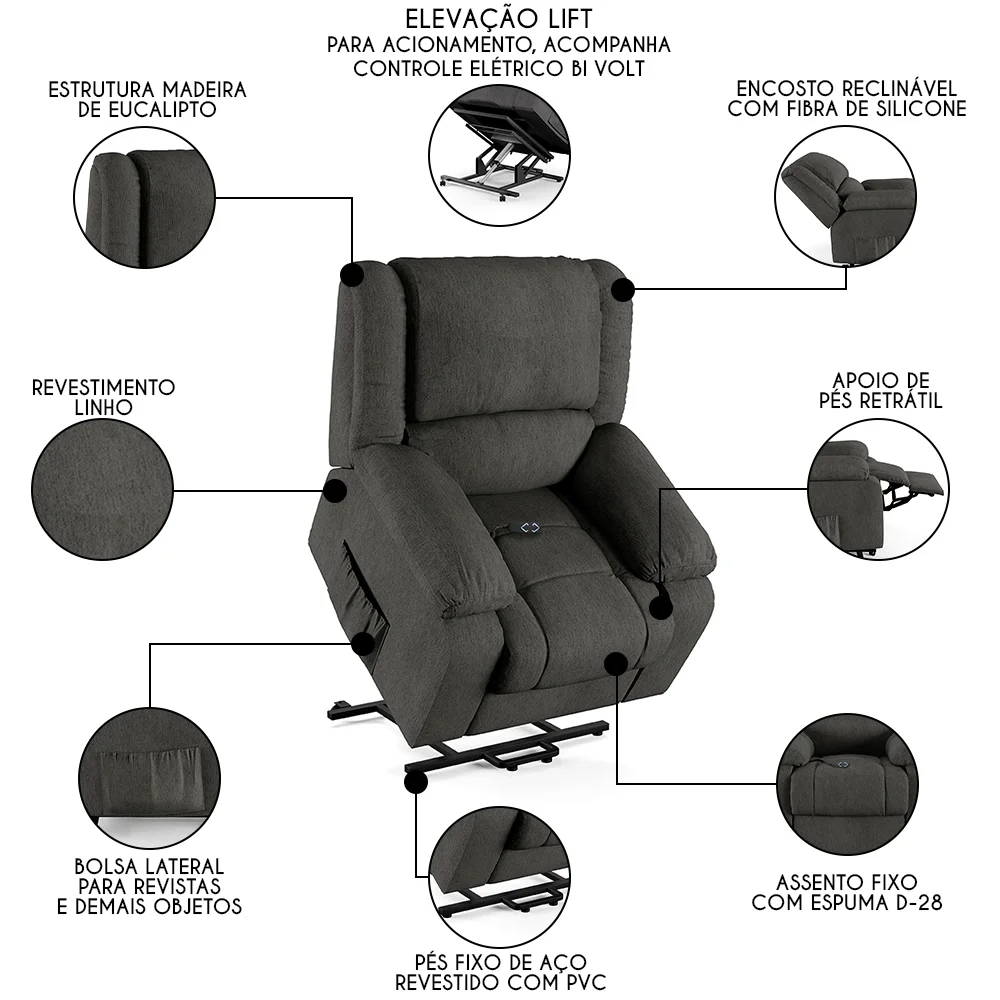 Poltrona do Papai Reclinável Pietra Elevação Lift Elétrico FH9 Linho Grafite - Mpozenato