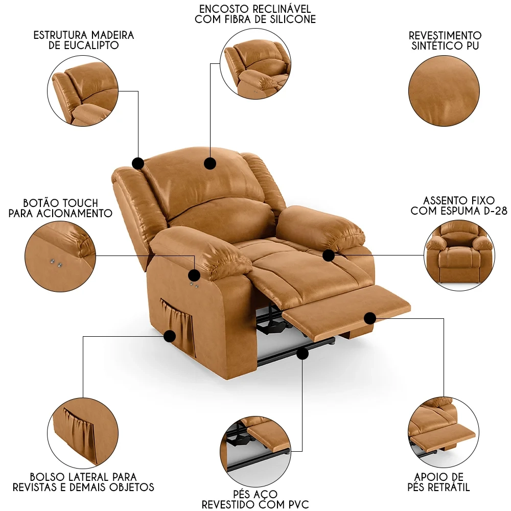 Poltrona do Papai Reclinável Pietra Power Touch FH9 PU Whisky - Mpozenato