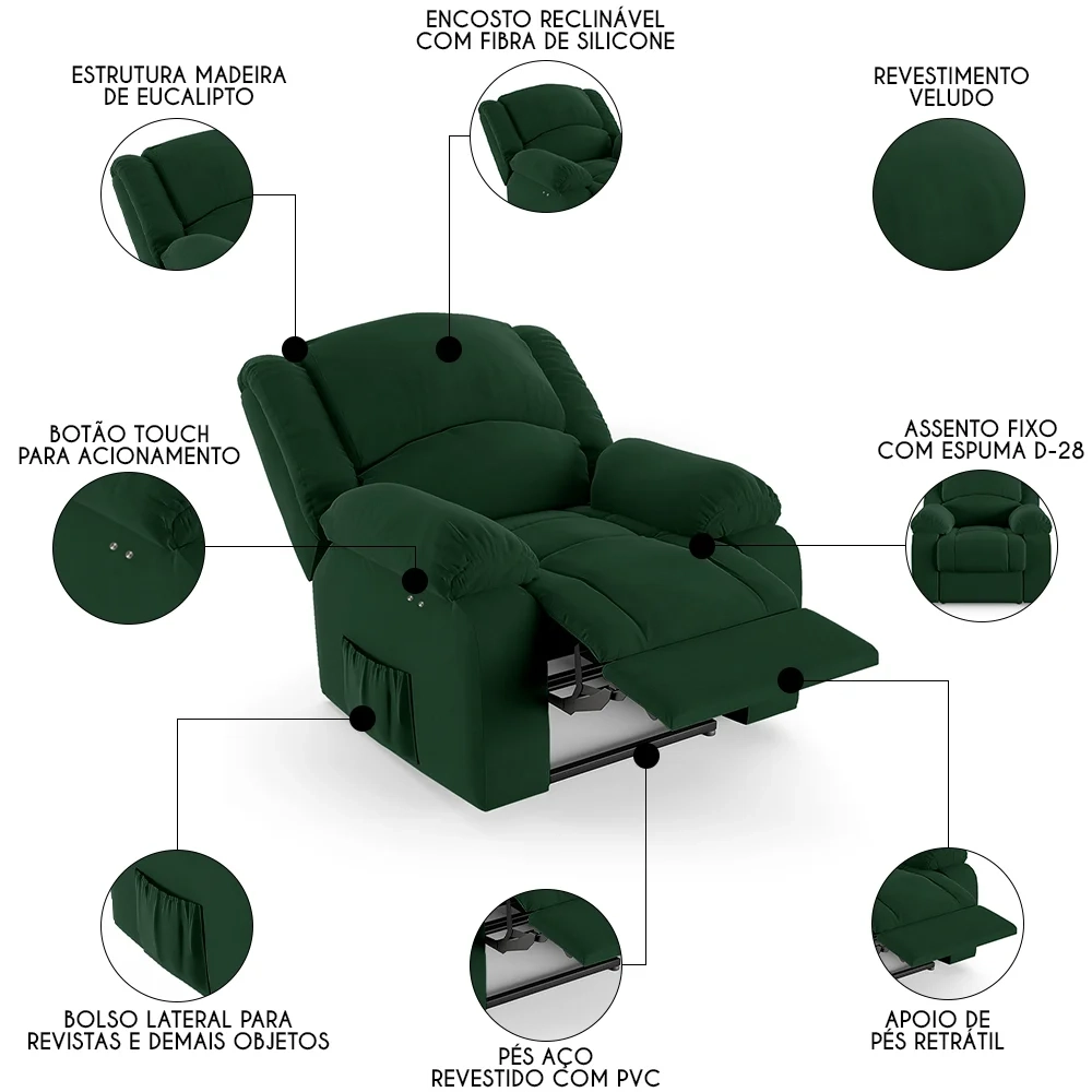 Poltrona do Papai Reclinável Pietra Power Touch FH9 Veludo Verde - Mpozenato