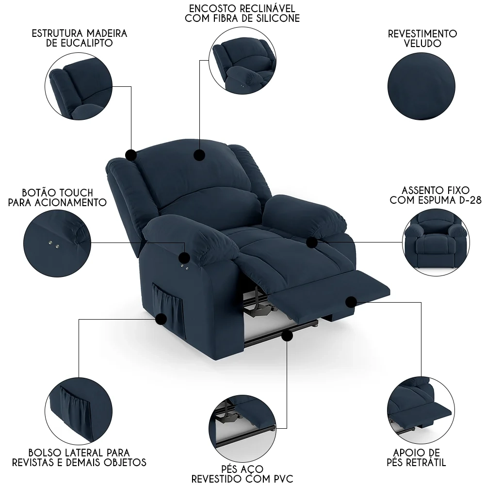 Poltrona do Papai Reclinável Pietra Power Touch FH9 Veludo Azul - Mpozenato