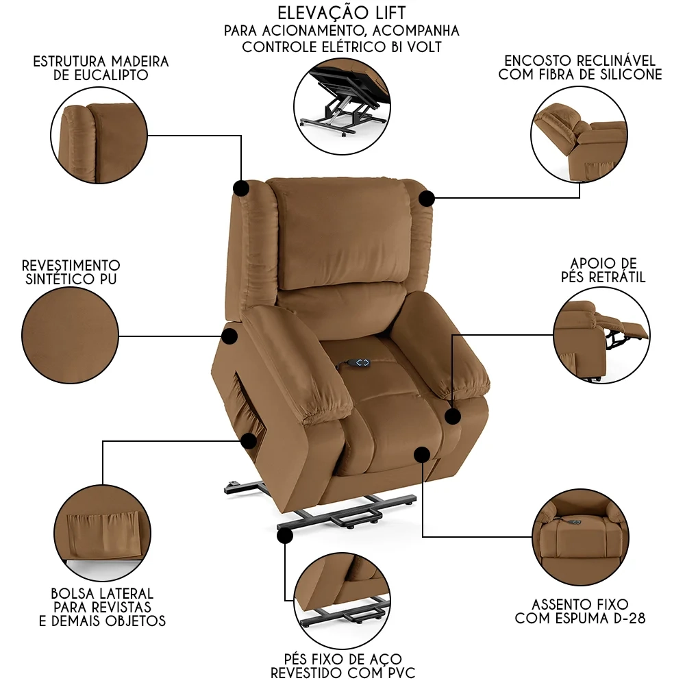 Poltrona do Papai Reclinável Pietra Elevação Lift Elétrico FH9 PU Caramelo - Mpozenato