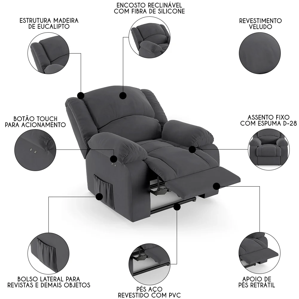 Poltrona do Papai Reclinável Pietra Power Touch FH9 Veludo Cinza - Mpozenato