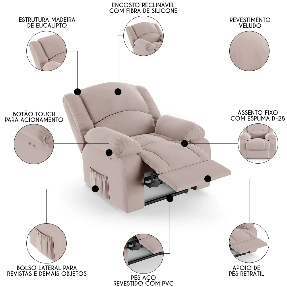 Poltrona do Papai Reclinável Pietra Power Touch FH9 Veludo Rosê - Mpozenato