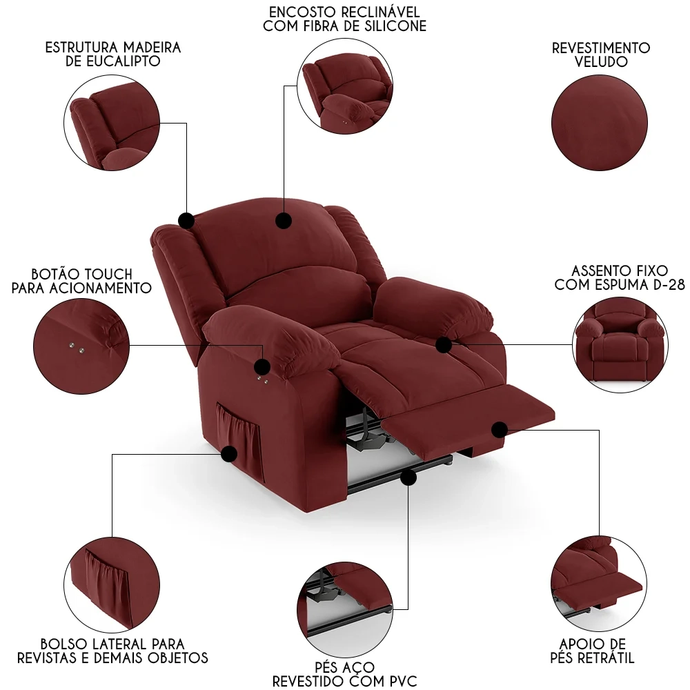 Poltrona do Papai Reclinável Pietra Power Touch FH9 Veludo Vermelho - Mpozenato