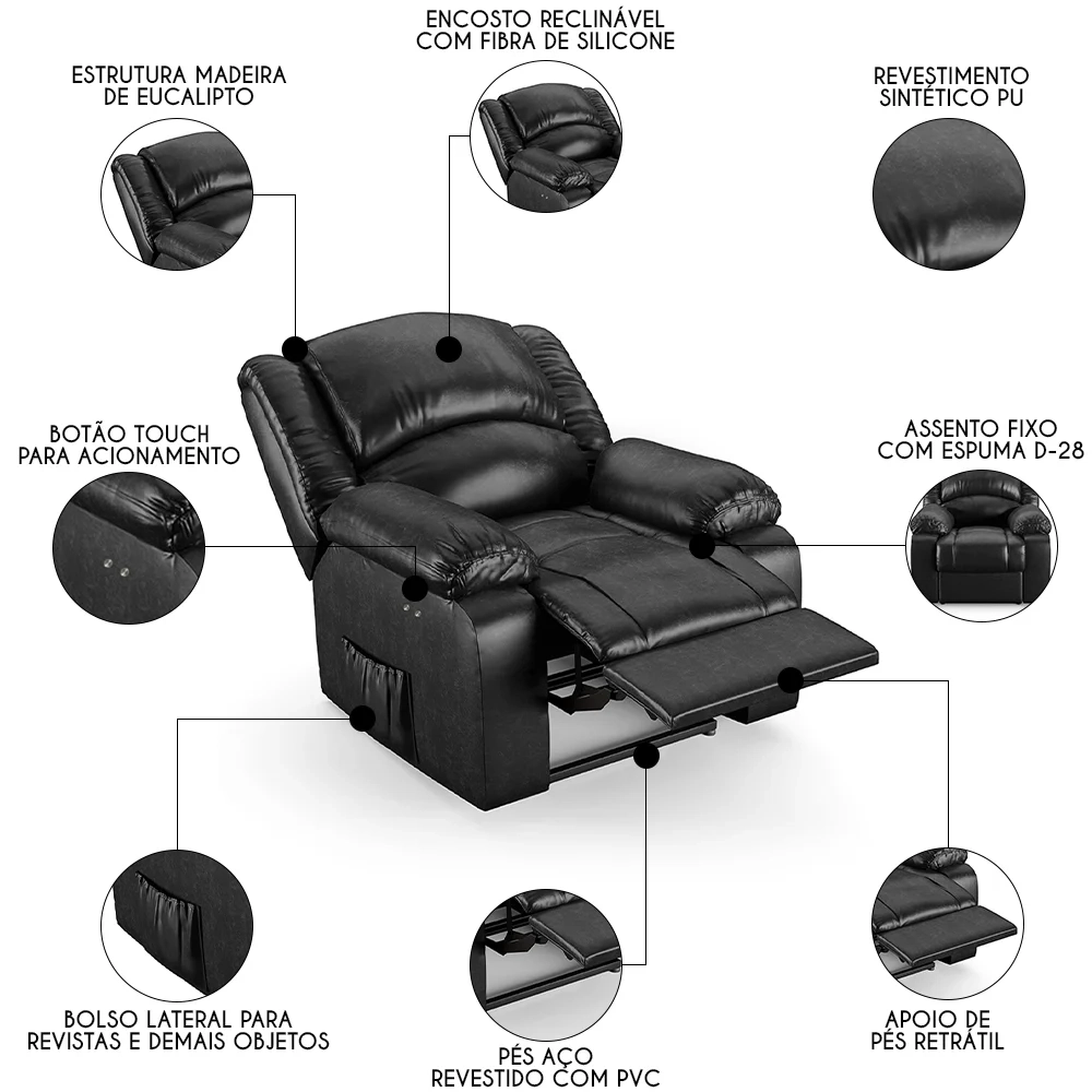 Poltrona do Papai Reclinável Pietra Power Touch FH9 PU Preto Brilho - Mpozenato