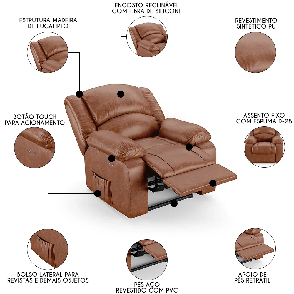Poltrona do Papai Reclinável Pietra Power Touch FH9 PU Caramelo Brilho - Mpozenato