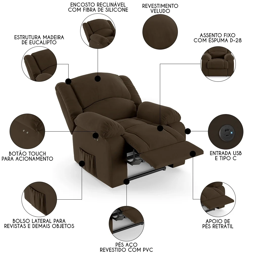Poltrona do Papai Reclinável Pietra Power Touch USB FH9 Veludo Marrom - Mpozenato