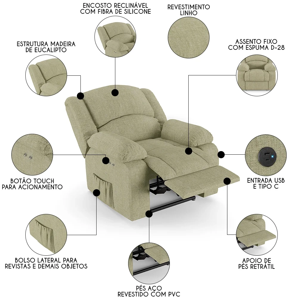 Poltrona do Papai Reclinável Pietra Power Touch USB FH9 Linho Bege - Mpozenato