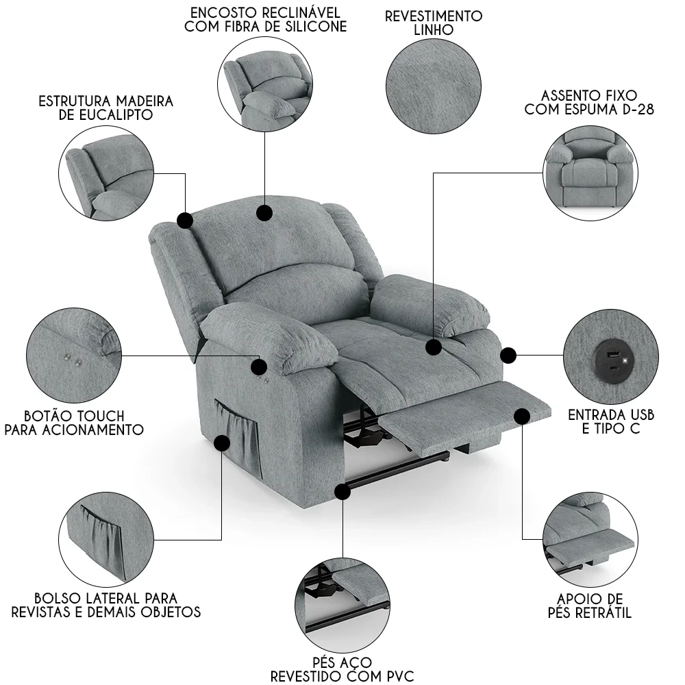 Poltrona do Papai Reclinável Pietra Power Touch USB FH9 Linho Cinza - Mpozenato