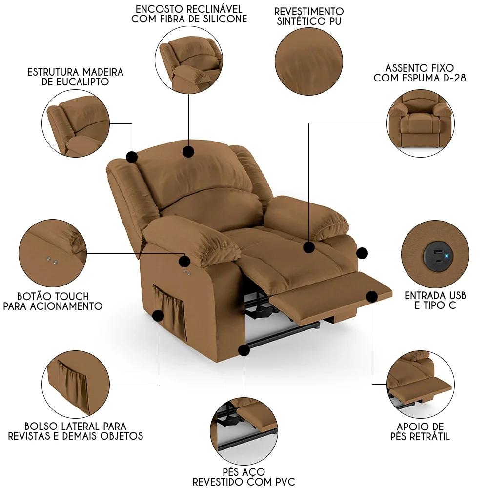 Poltrona do Papai Reclinável Pietra Power Touch USB FH9 PU Caramelo - Mpozenato