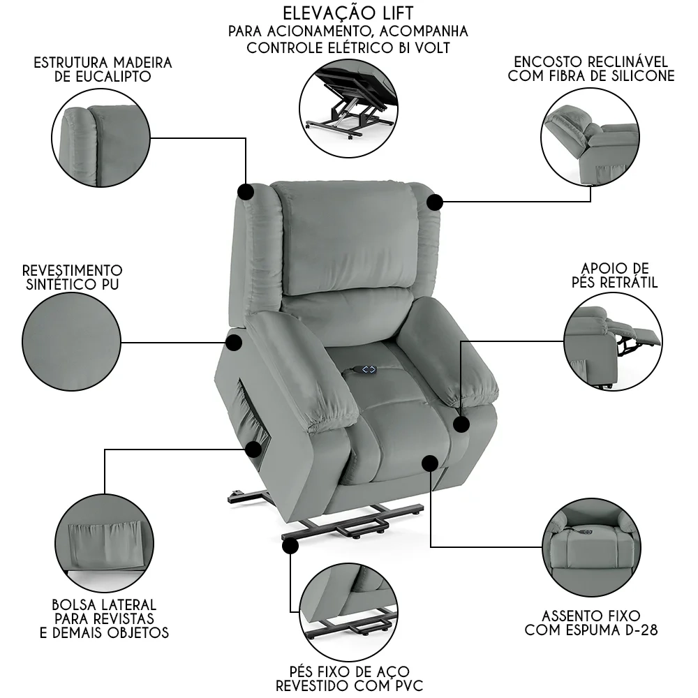 Poltrona do Papai Reclinável Pietra Elevação Lift Elétrico FH9 PU Cinza - Mpozenato