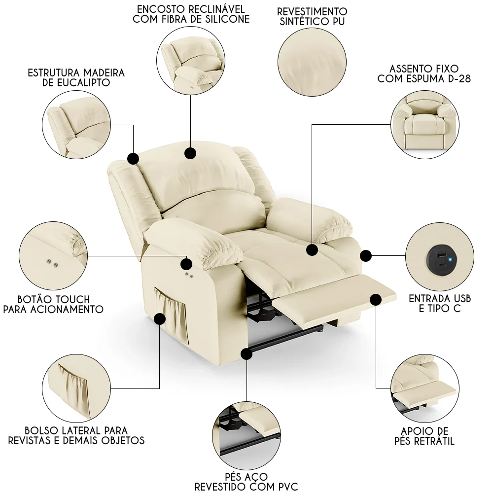 Poltrona do Papai Reclinável Pietra Power Touch USB FH9 PU Bege - Mpozenato