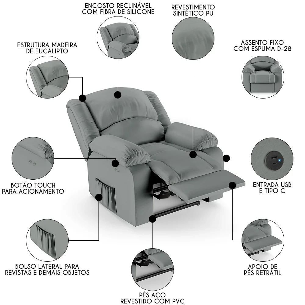 Poltrona do Papai Reclinável Pietra Power Touch USB FH9 PU Cinza - Mpozenato
