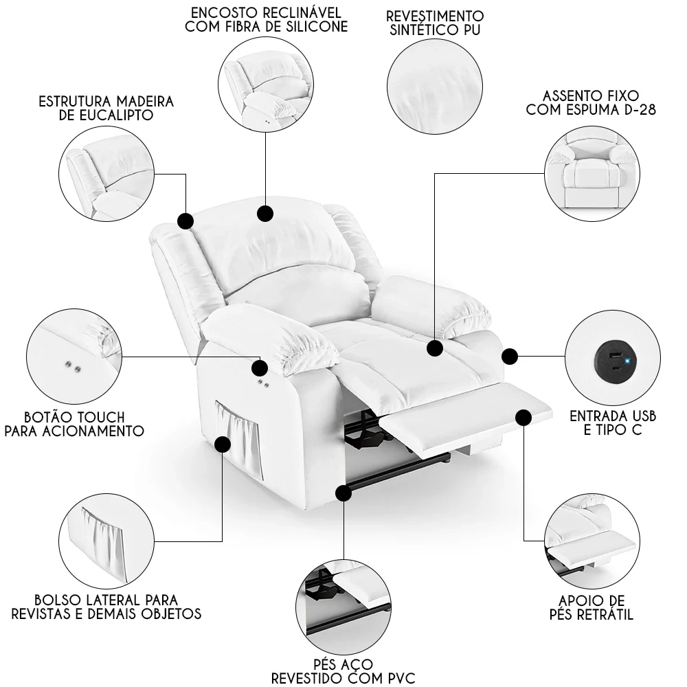 Poltrona do Papai Reclinável Pietra Power Touch USB FH9 PU Branco - Mpozenato