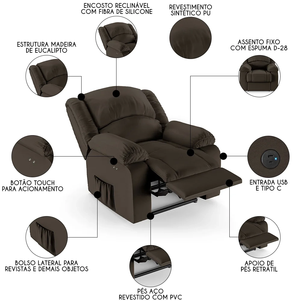 Poltrona do Papai Reclinável Pietra Power Touch USB FH9 PU Marrom - Mpozenato