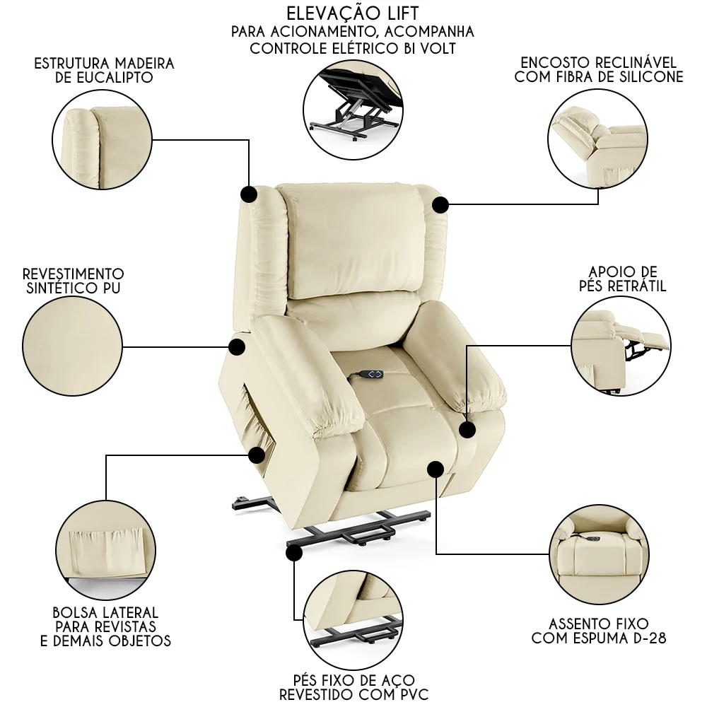 Poltrona do Papai Reclinável Pietra Elevação Lift Elétrico FH9 PU Bege - Mpozenato