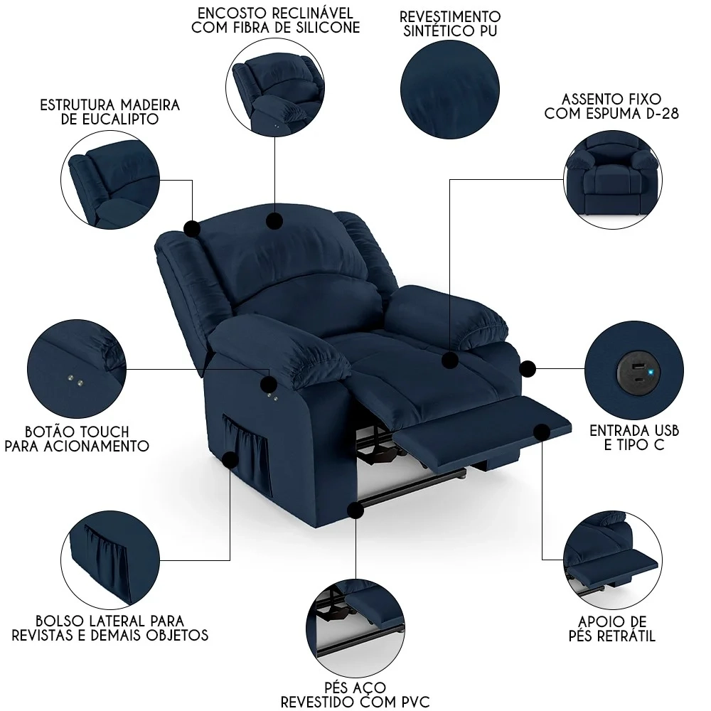 Poltrona do Papai Reclinável Pietra Power Touch USB FH9 PU Azul - Mpozenato