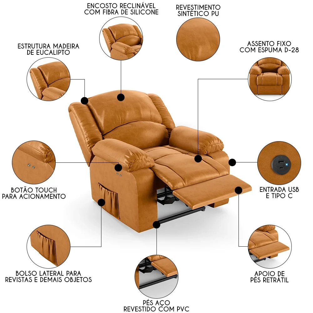 Poltrona do Papai Reclinável Pietra Power Touch USB FH9 PU Whisky - Mpozenato