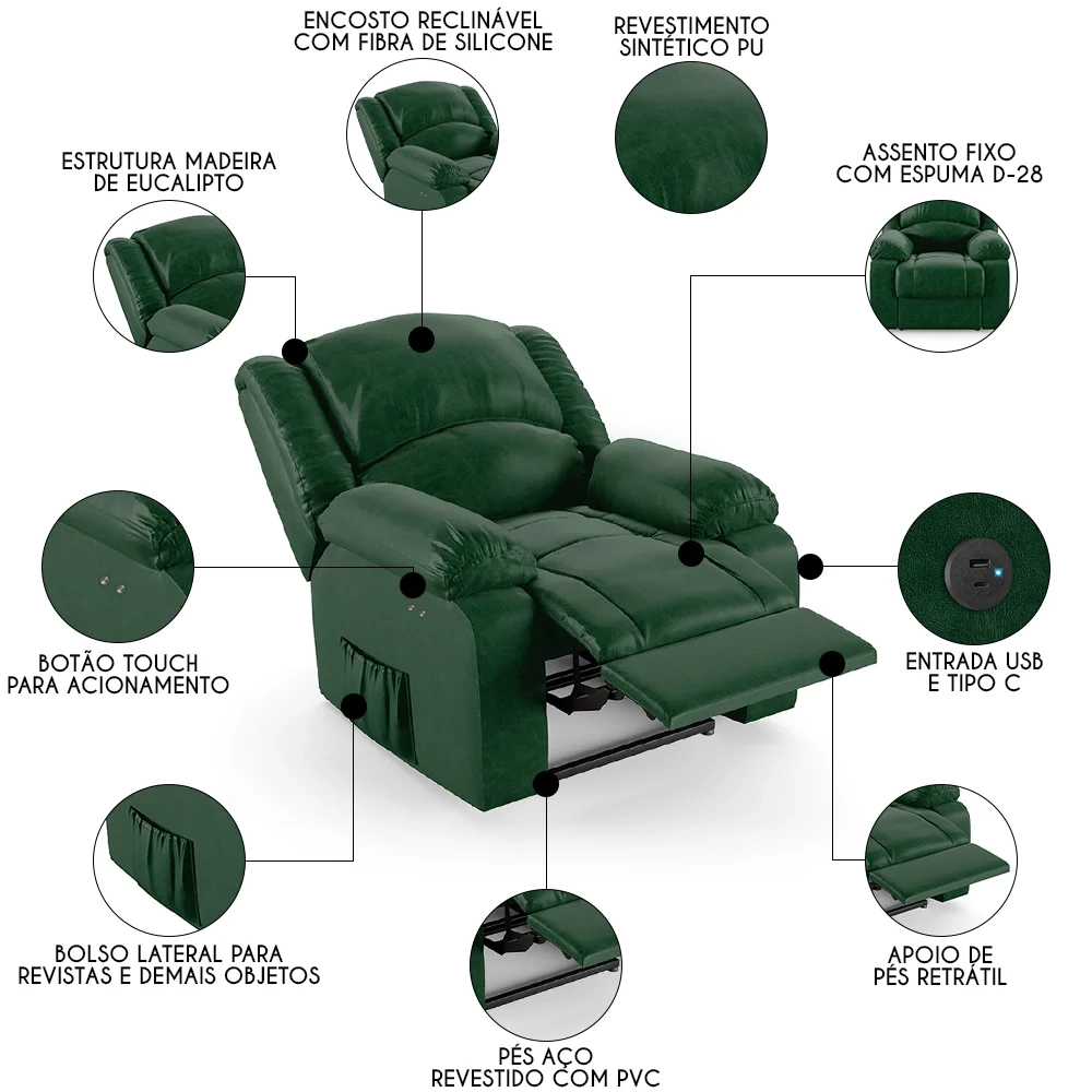 Poltrona do Papai Reclinável Pietra Power Touch USB FH9 PU Verde Musgo - Mpozenato